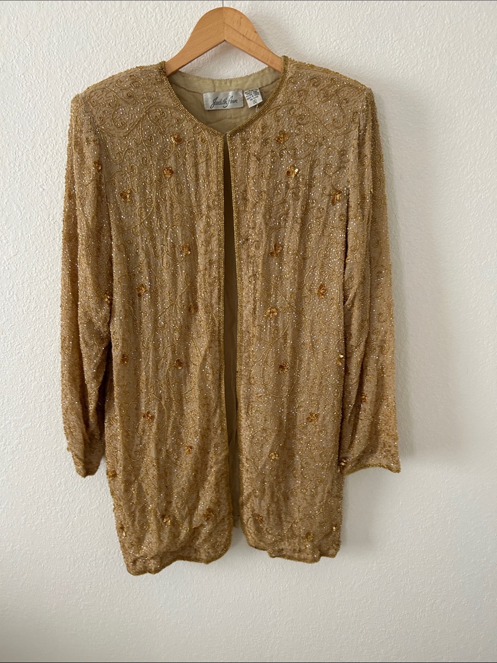 Embellished Gold Beaded Open Front Jacket